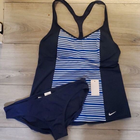 Nike navy strip XL Racerback Tankini Top 2 piece swimsuit Xlarge navy bottom - Picture 1 of 16